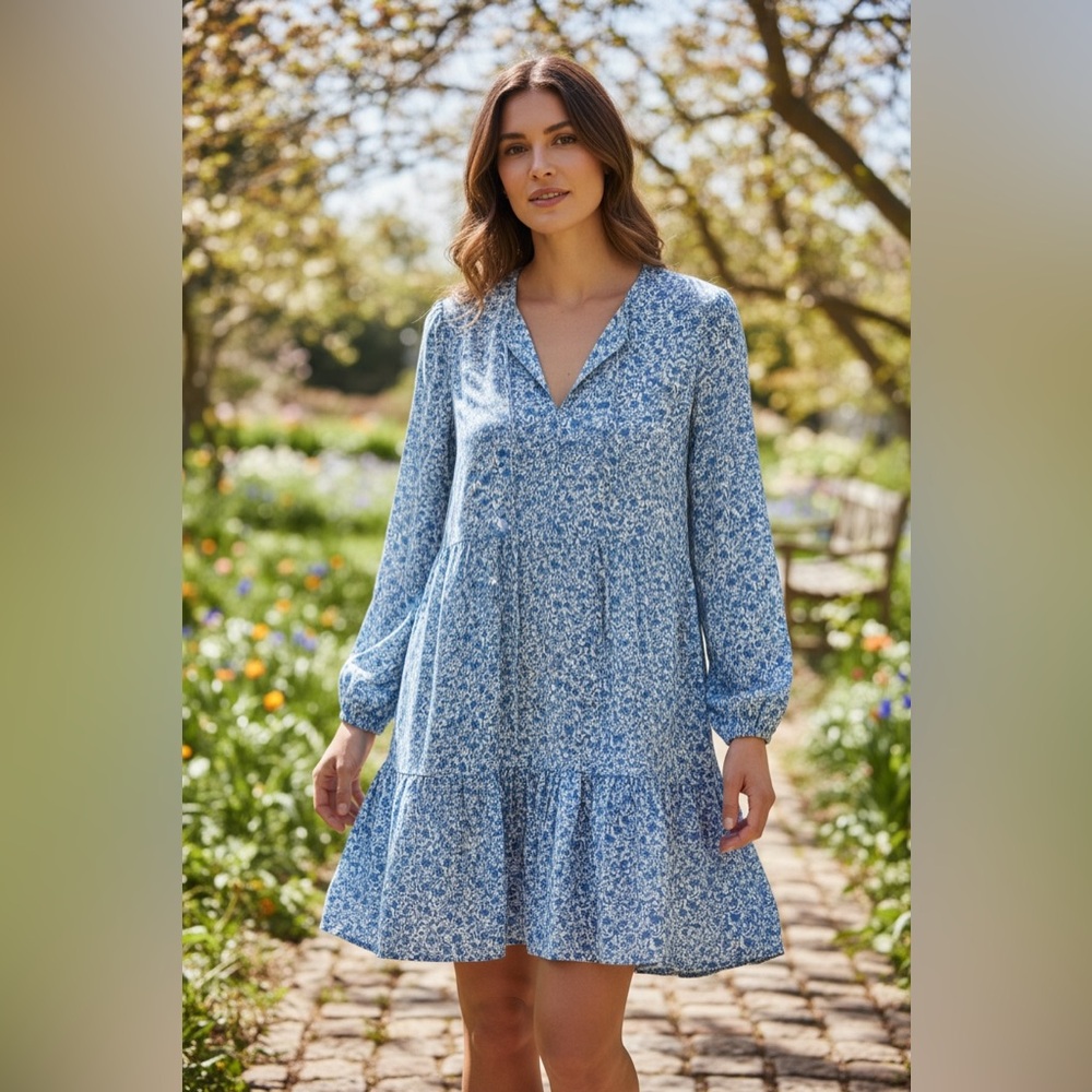 NWT Rebecca Taylor Blue Floral Ruffle Hem Dress XL #425 Retail Romantic Boho